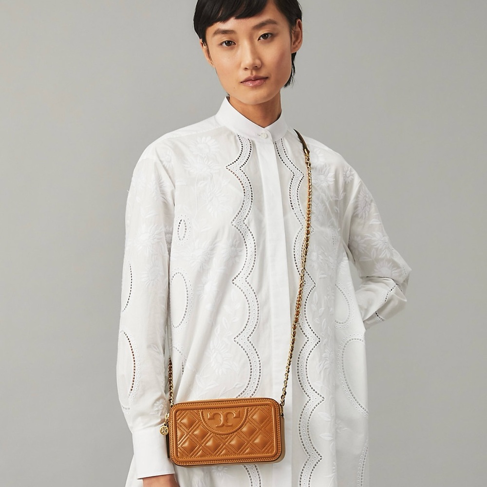 Tory Burch Tan Crossbody Bag with Quilted Texture and Gold Chain Strap
